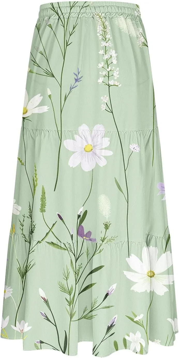 Women Floral Hawaiian Midi Skirts 2025 Summer Casual High Waist Pleated Half Dress Bohemian Skirt Beachwear