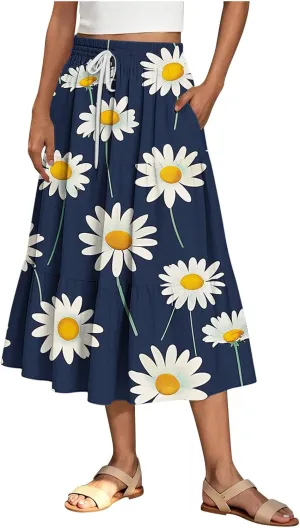 Women Floral Hawaiian Midi Skirts 2025 Summer Casual High Waist Pleated Half Dress Bohemian Skirt Beachwear