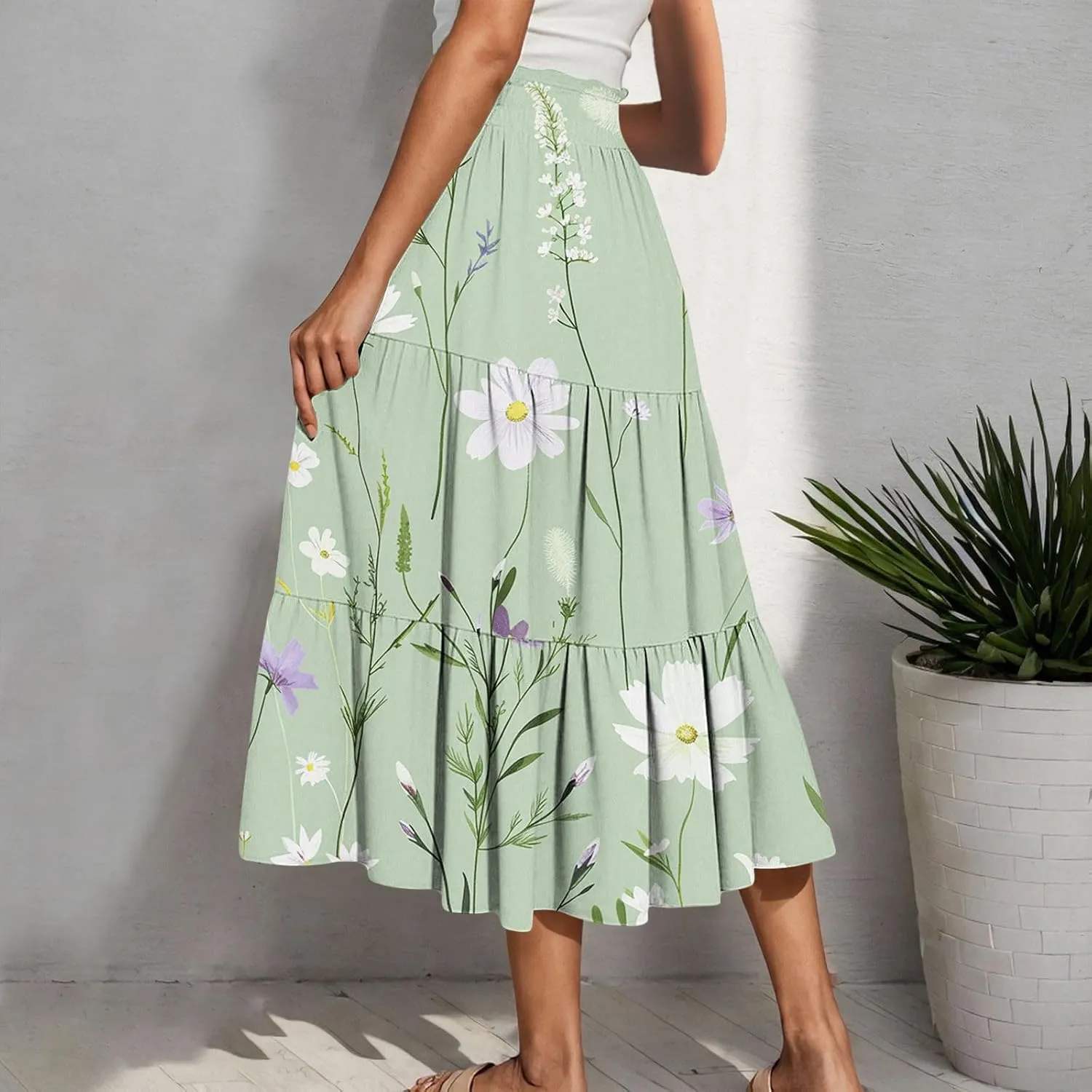 Women Floral Hawaiian Midi Skirts 2025 Summer Casual High Waist Pleated Half Dress Bohemian Skirt Beachwear