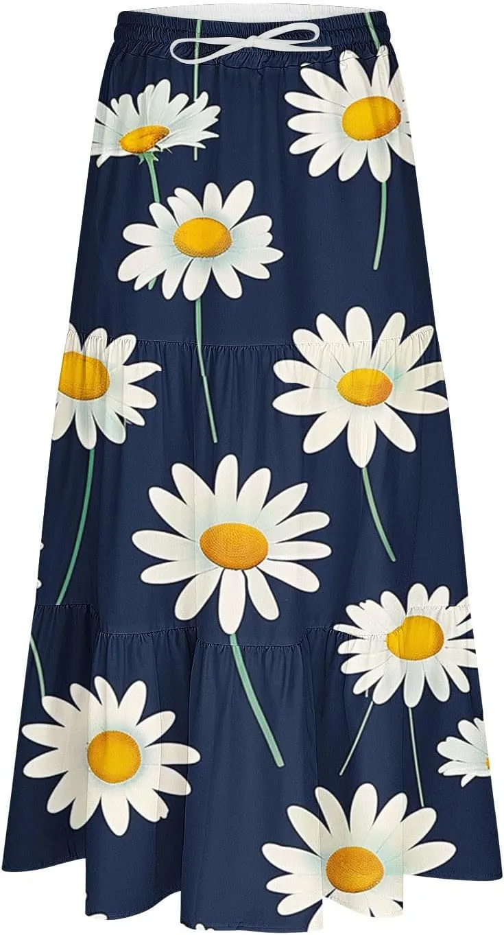Women Floral Hawaiian Midi Skirts 2025 Summer Casual High Waist Pleated Half Dress Bohemian Skirt Beachwear