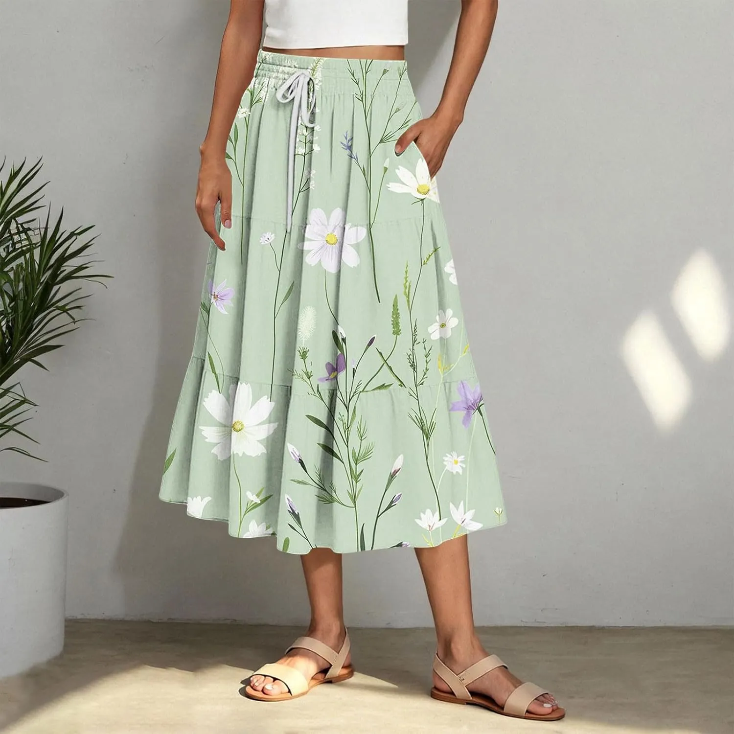 Women Floral Hawaiian Midi Skirts 2025 Summer Casual High Waist Pleated Half Dress Bohemian Skirt Beachwear