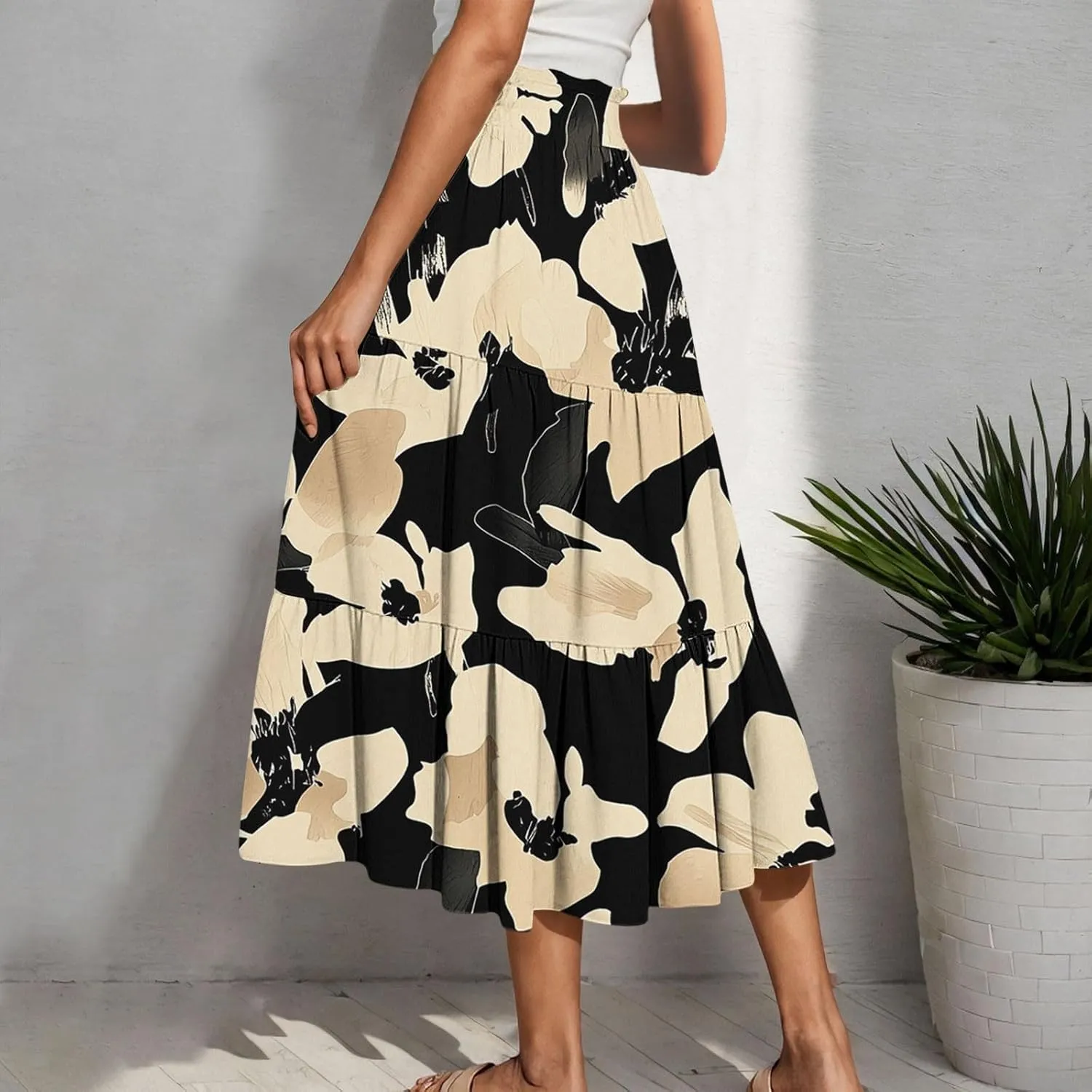 Women Floral Hawaiian Midi Skirts 2025 Summer Casual High Waist Pleated Half Dress Bohemian Skirt Beachwear