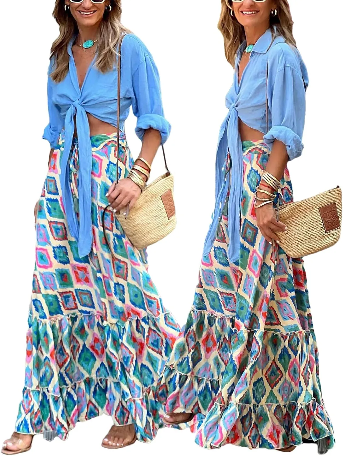 Women Flowy Boho Maxi Skirt Floral Print Pleated Ruffle Casual Long Skirt Beachwear Aesthetic Clothes
