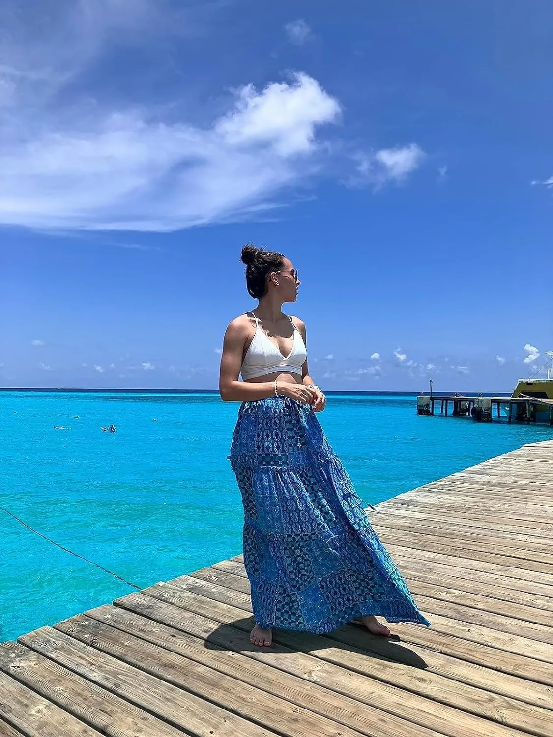 Women Flowy Boho Maxi Skirt Floral Print Pleated Ruffle Casual Long Skirt Beachwear Aesthetic Clothes