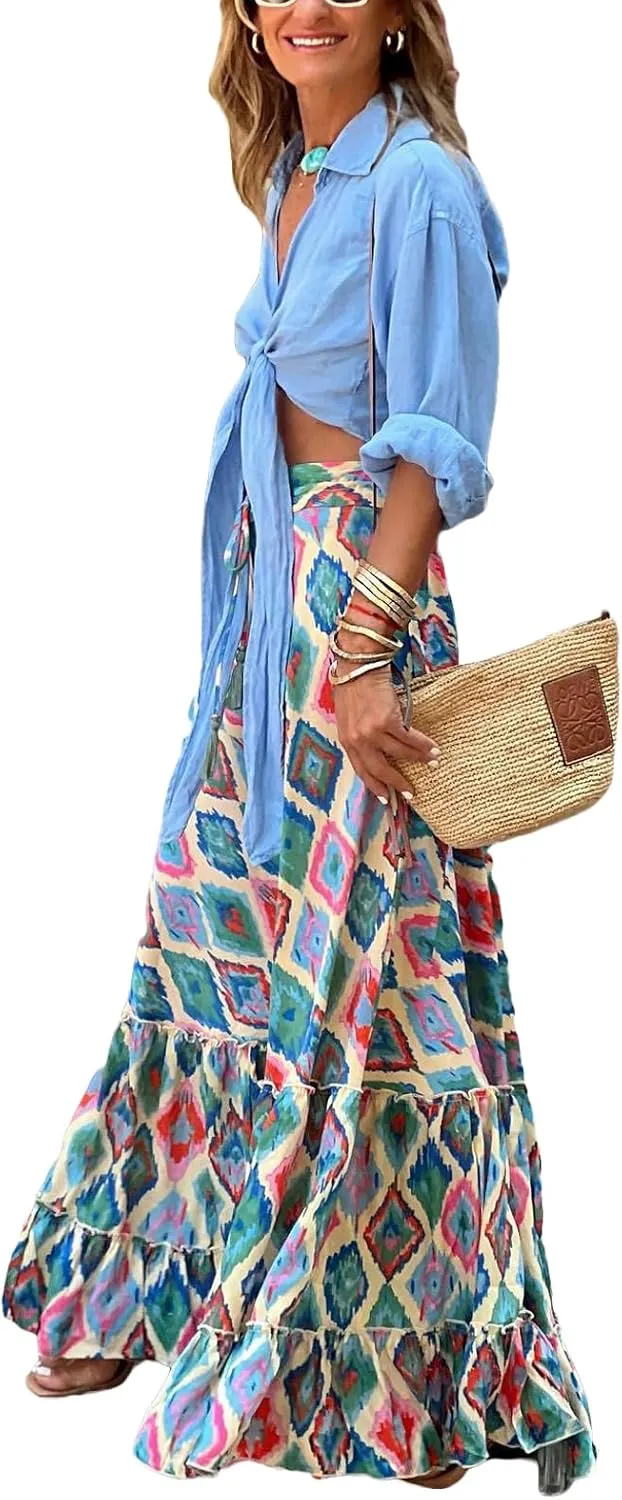 Women Flowy Boho Maxi Skirt Floral Print Pleated Ruffle Casual Long Skirt Beachwear Aesthetic Clothes