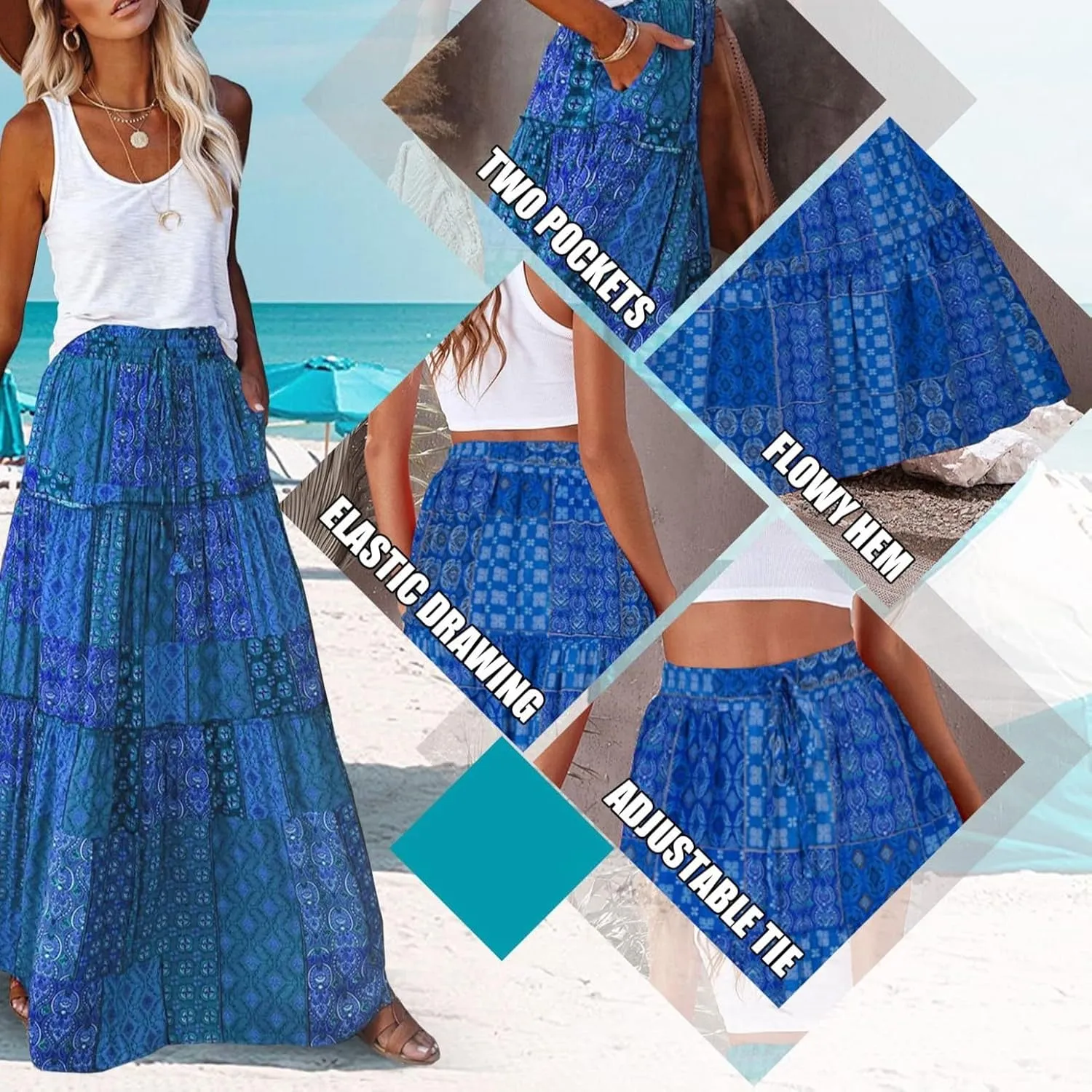 Women Flowy Boho Maxi Skirt Floral Print Pleated Ruffle Casual Long Skirt Beachwear Aesthetic Clothes