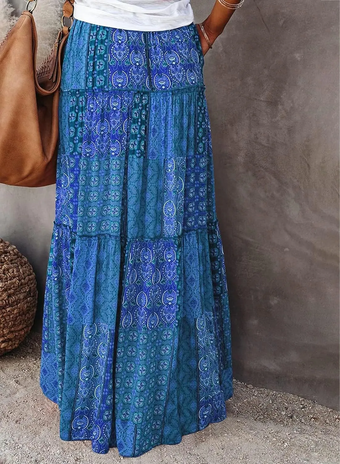 Women Flowy Boho Maxi Skirt Floral Print Pleated Ruffle Casual Long Skirt Beachwear Aesthetic Clothes