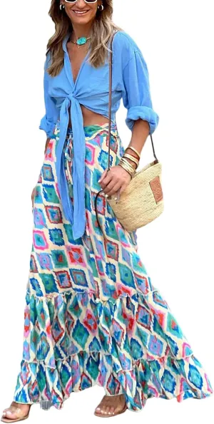 Women Flowy Boho Maxi Skirt Floral Print Pleated Ruffle Casual Long Skirt Beachwear Aesthetic Clothes