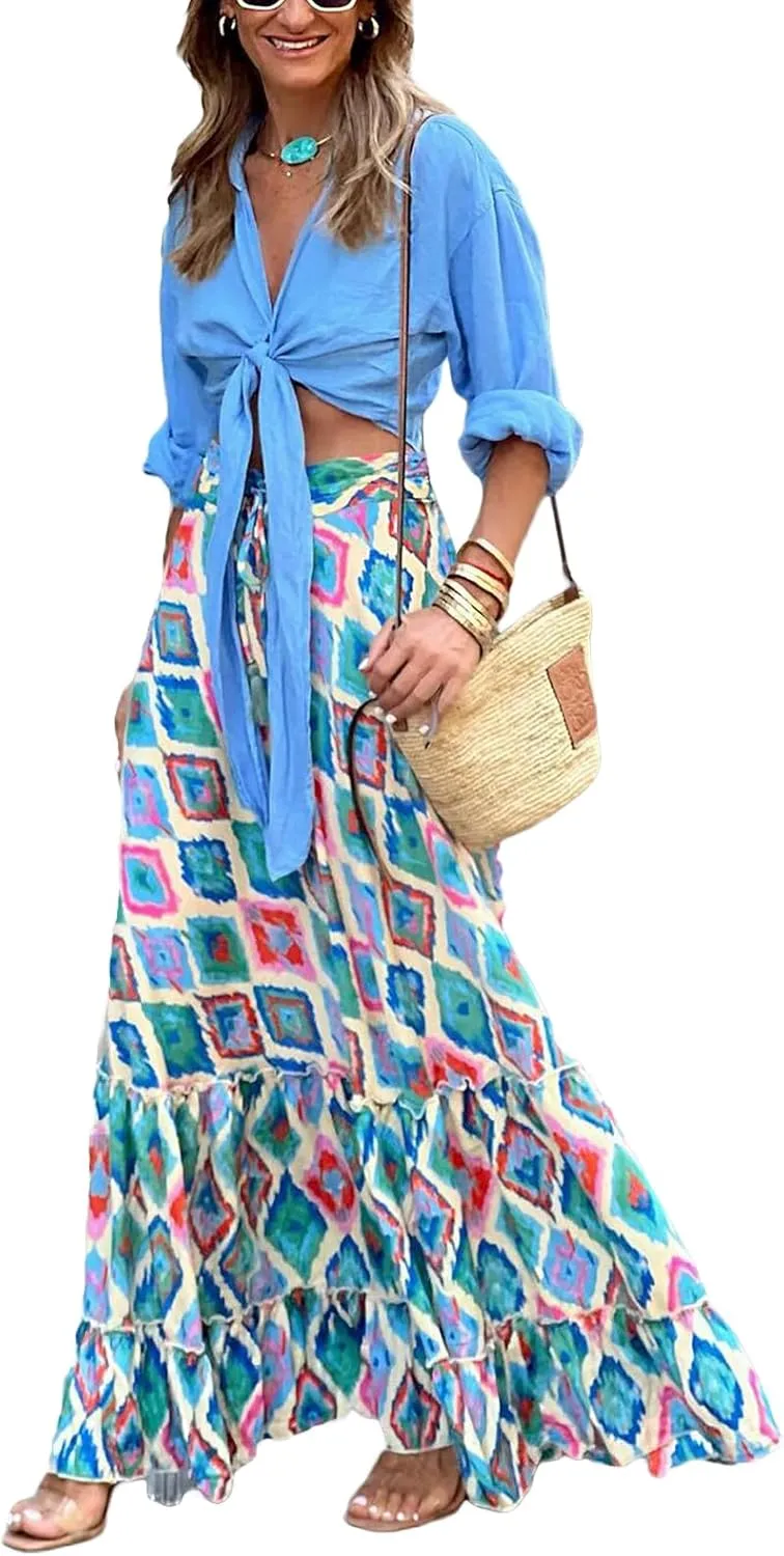 Women Flowy Boho Maxi Skirt Floral Print Pleated Ruffle Casual Long Skirt Beachwear Aesthetic Clothes