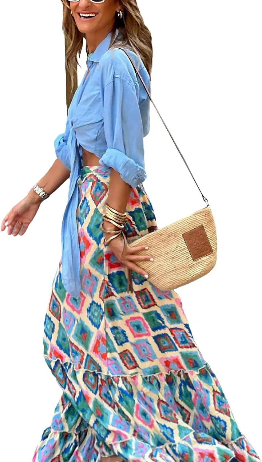 Women Flowy Boho Maxi Skirt Floral Print Pleated Ruffle Casual Long Skirt Beachwear Aesthetic Clothes
