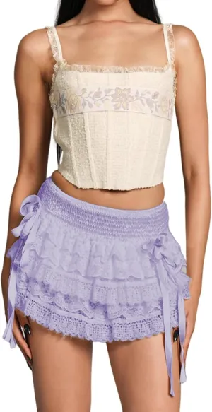Women Lace Layered Y2k Mini Skirt Side Bow Tie Tiered Ruffle Hem Elastic Waist Pleated A-Line Skirt