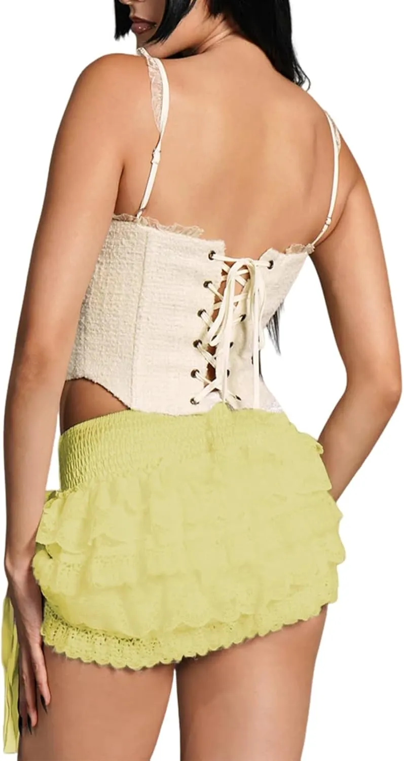Women Lace Layered Y2k Mini Skirt Side Bow Tie Tiered Ruffle Hem Elastic Waist Pleated A-Line Skirt