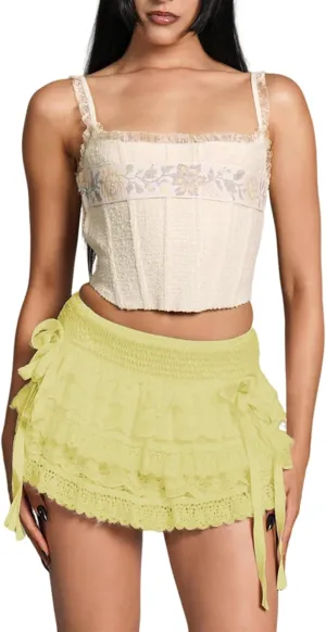 Women Lace Layered Y2k Mini Skirt Side Bow Tie Tiered Ruffle Hem Elastic Waist Pleated A-Line Skirt
