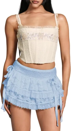 Women Lace Layered Y2k Mini Skirt Side Bow Tie Tiered Ruffle Hem Elastic Waist Pleated A-Line Skirt