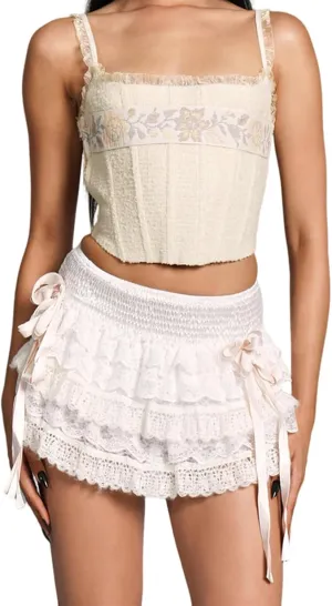 Women Lace Layered Y2k Mini Skirt Side Bow Tie Tiered Ruffle Hem Elastic Waist Pleated A-Line Skirt