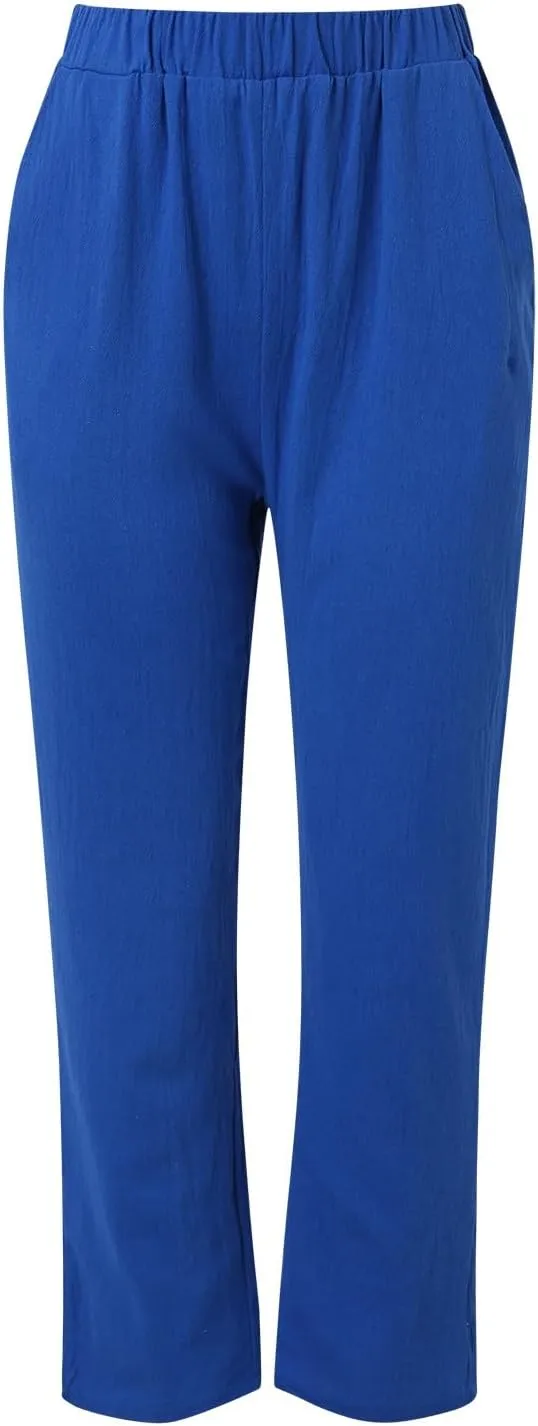Women Linen Cotton Blend Pants Straight Leg Summer Cotton Casual High Waist Elastic Linen Beach Pants