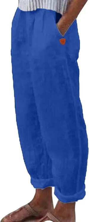Women Linen Cotton Blend Pants Straight Leg Summer Cotton Casual High Waist Elastic Linen Beach Pants