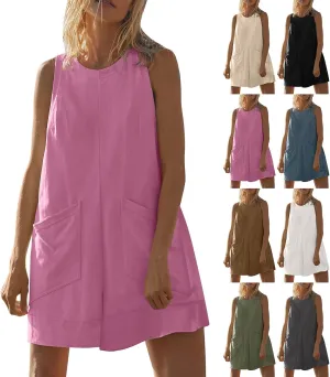 Women Linen Summer Romper Sleeveless Wide Leg Shorts Overalls Oversized Athletic Workout Hot Shot Romper with Pockets