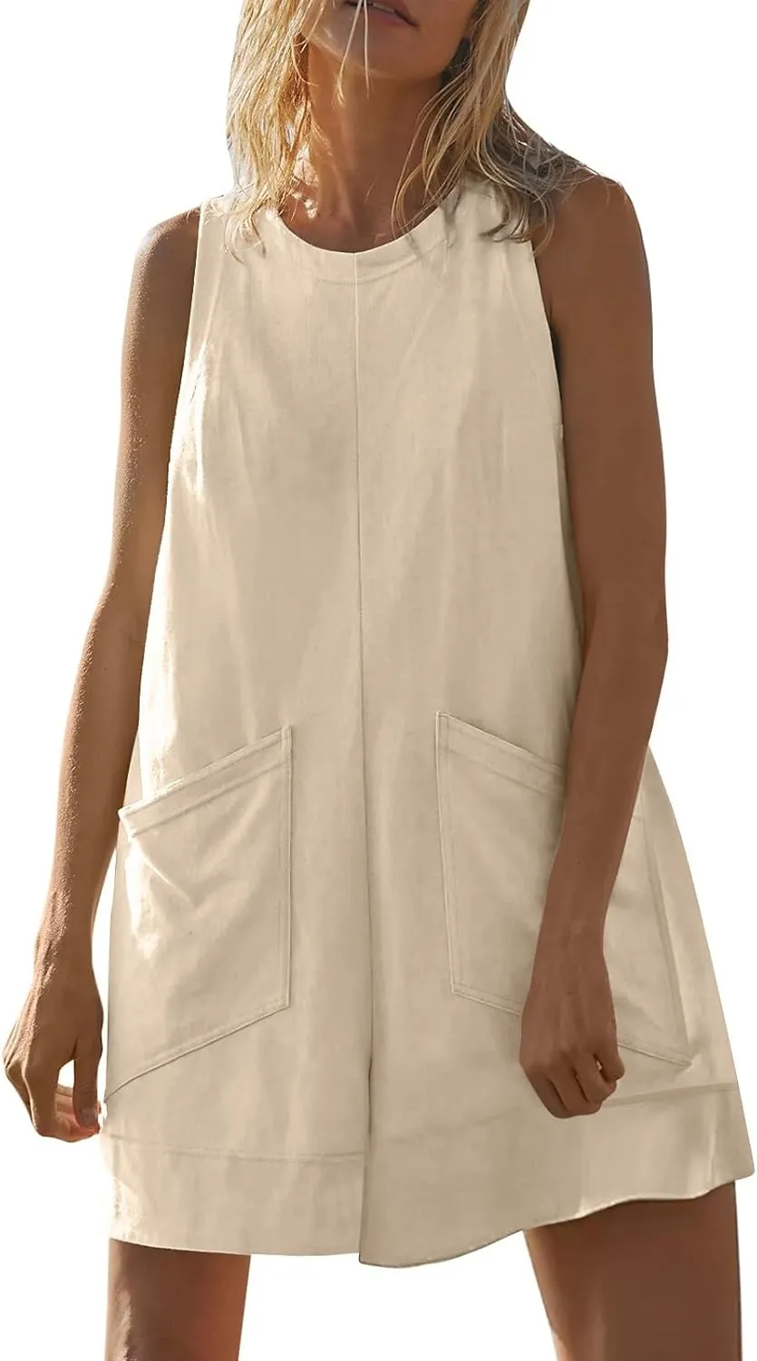 Women Linen Summer Romper Sleeveless Wide Leg Shorts Overalls Oversized Athletic Workout Hot Shot Romper with Pockets