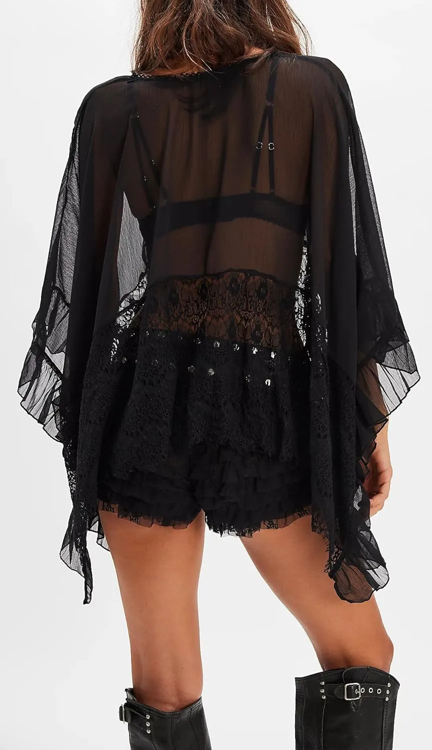 Women Low Cut Sweetheart-Neck Tie Front Top Balloon Long Sleeve Sheer Chiffon Blouse Flowy Boho Ruffle Babydoll Top