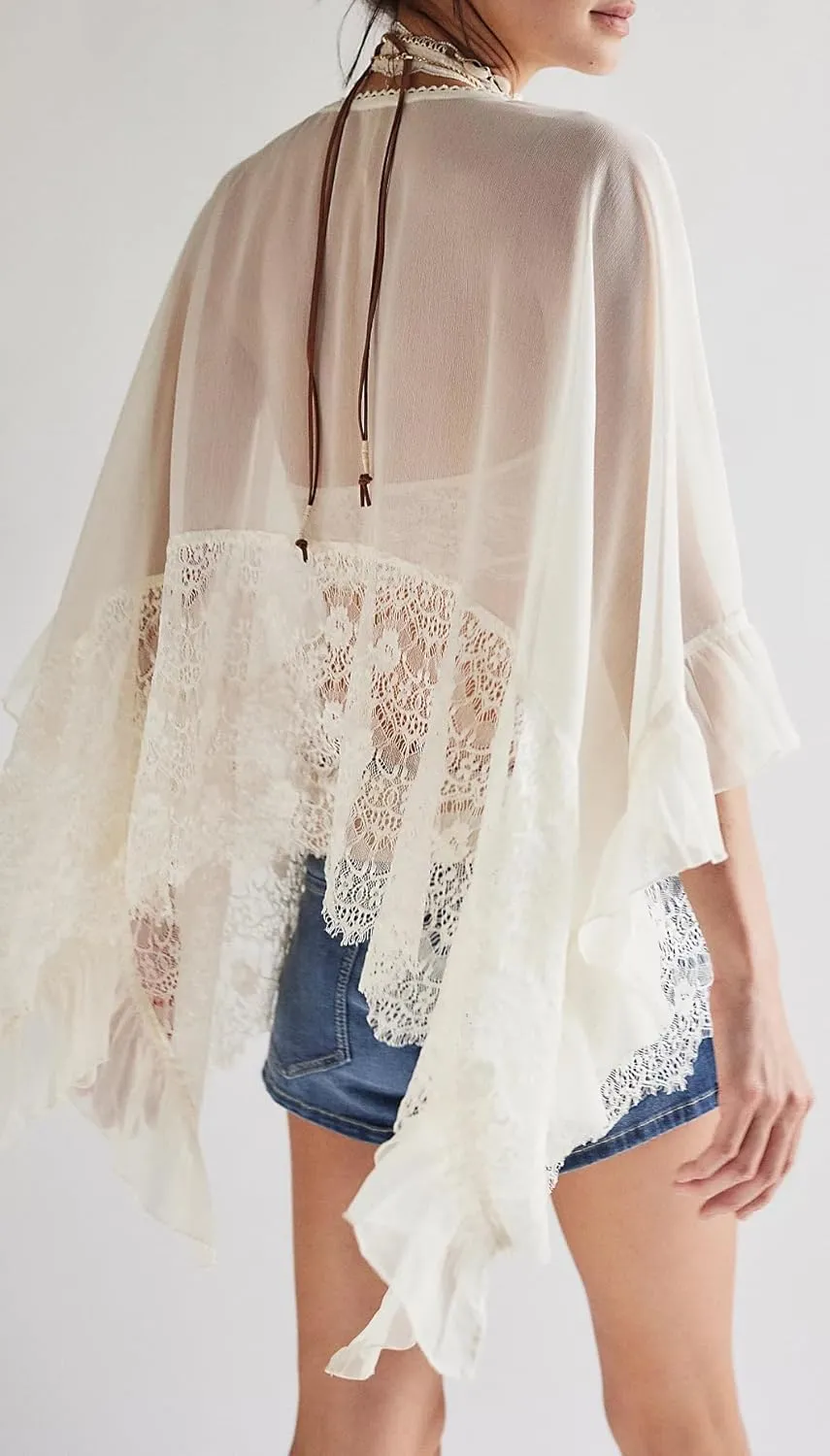 Women Low Cut Sweetheart-Neck Tie Front Top Balloon Long Sleeve Sheer Chiffon Blouse Flowy Boho Ruffle Babydoll Top