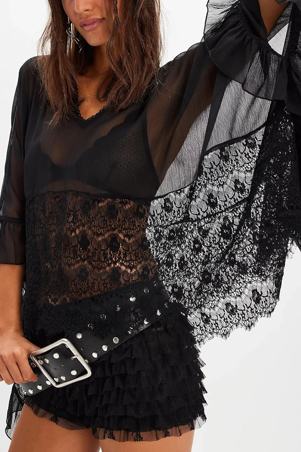 Women Low Cut Sweetheart-Neck Tie Front Top Balloon Long Sleeve Sheer Chiffon Blouse Flowy Boho Ruffle Babydoll Top