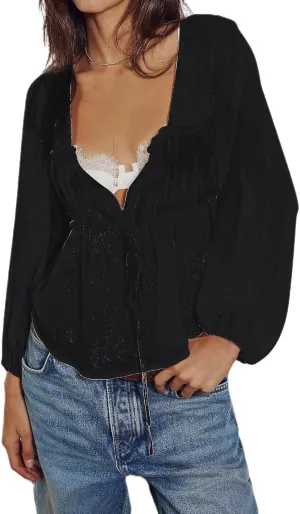 Women Low Cut Sweetheart-Neck Tie Front Top Balloon Long Sleeve Sheer Chiffon Blouse Flowy Boho Ruffle Babydoll Top