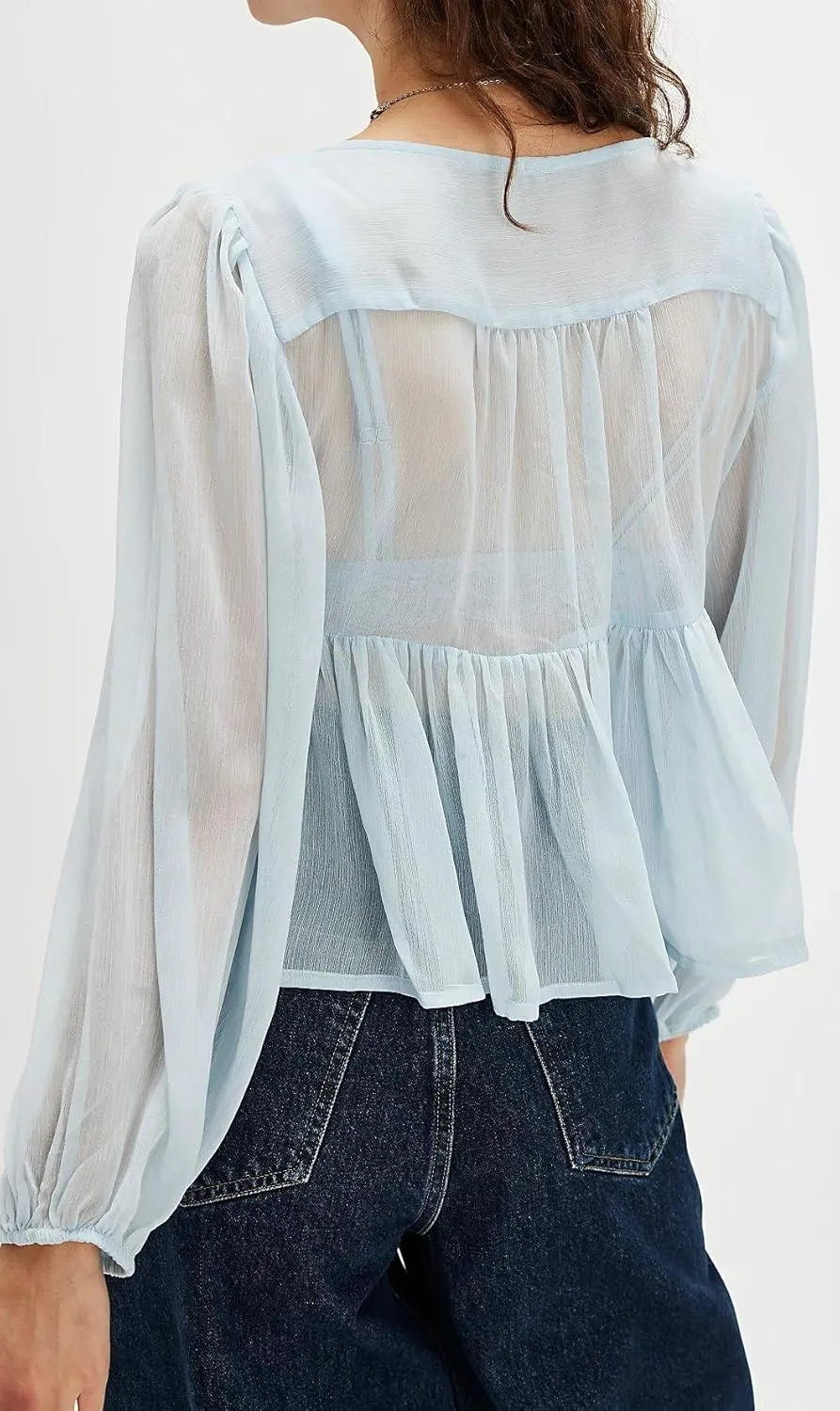 Women Low Cut Sweetheart-Neck Tie Front Top Balloon Long Sleeve Sheer Chiffon Blouse Flowy Boho Ruffle Babydoll Top