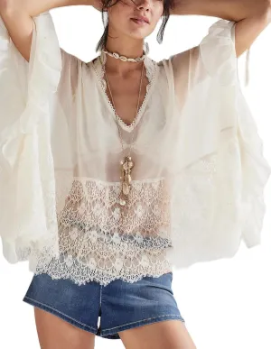 Women Low Cut Sweetheart-Neck Tie Front Top Balloon Long Sleeve Sheer Chiffon Blouse Flowy Boho Ruffle Babydoll Top