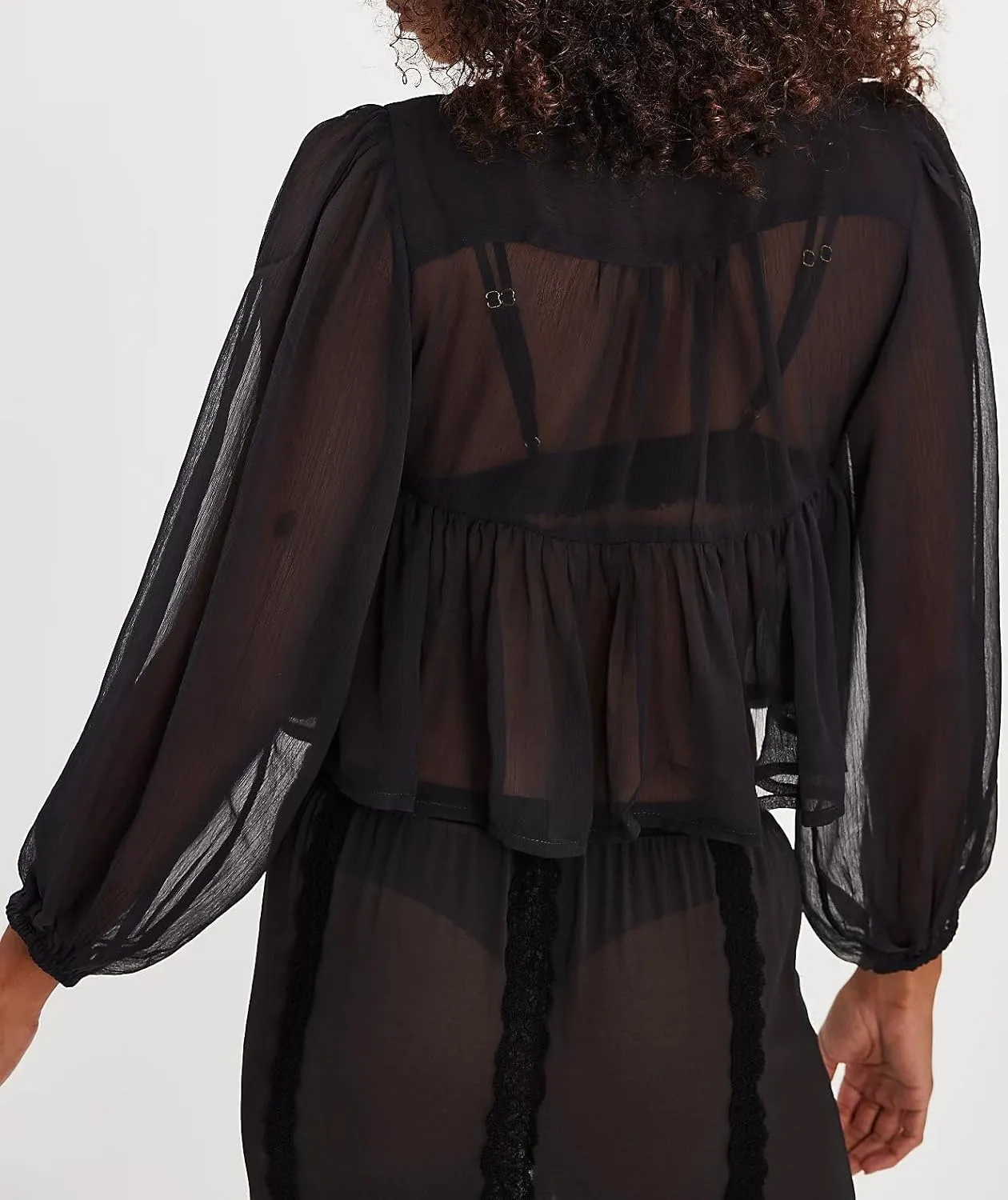 Women Low Cut Sweetheart-Neck Tie Front Top Balloon Long Sleeve Sheer Chiffon Blouse Flowy Boho Ruffle Babydoll Top