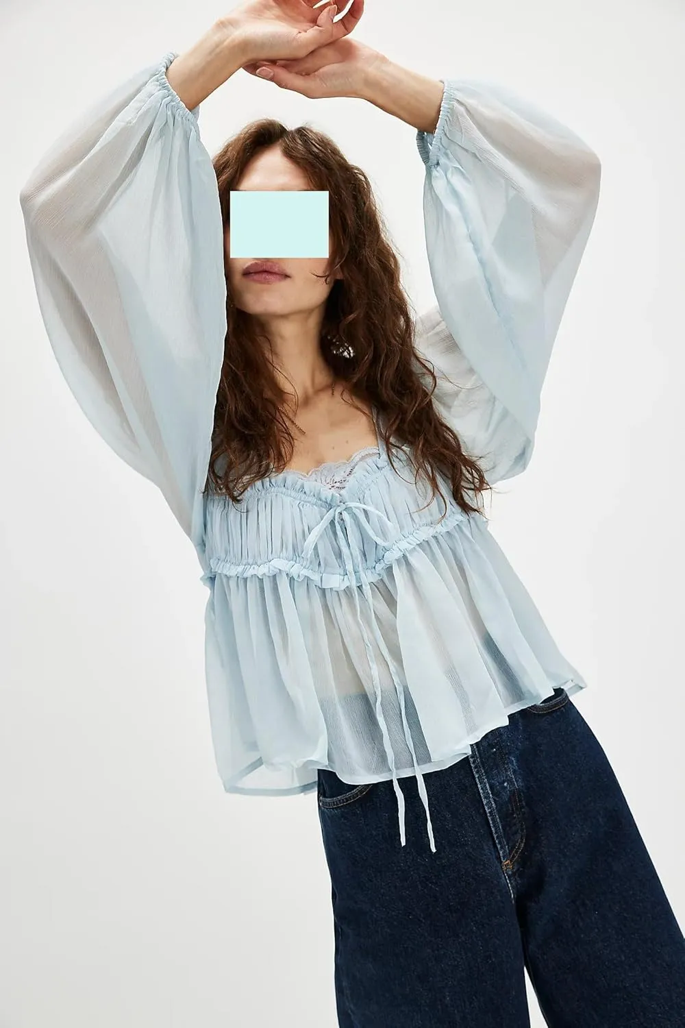 Women Low Cut Sweetheart-Neck Tie Front Top Balloon Long Sleeve Sheer Chiffon Blouse Flowy Boho Ruffle Babydoll Top