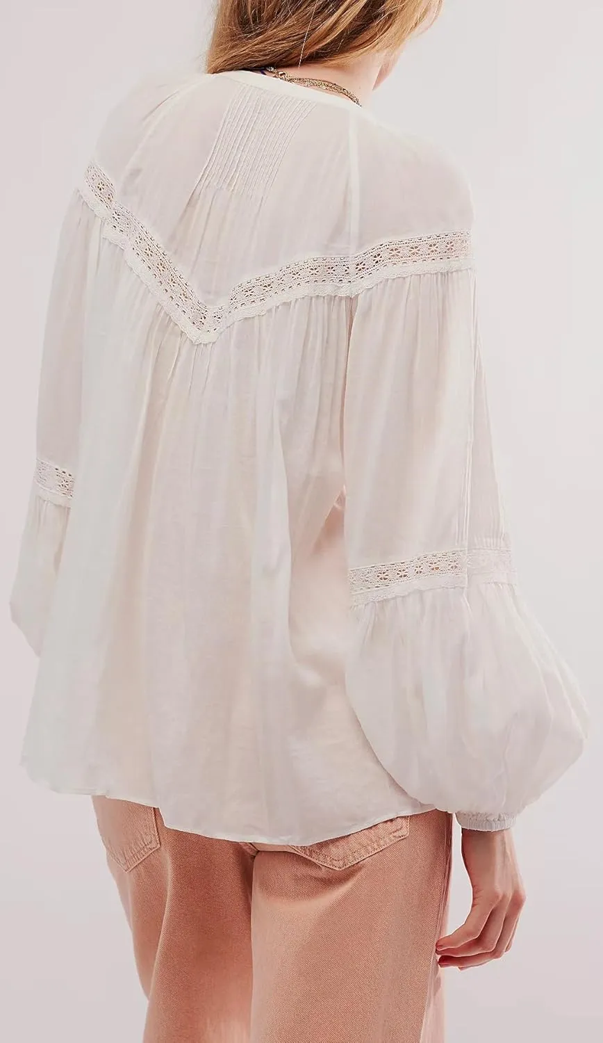 Women Low Cut Sweetheart-Neck Tie Front Top Balloon Long Sleeve Sheer Chiffon Blouse Flowy Boho Ruffle Babydoll Top