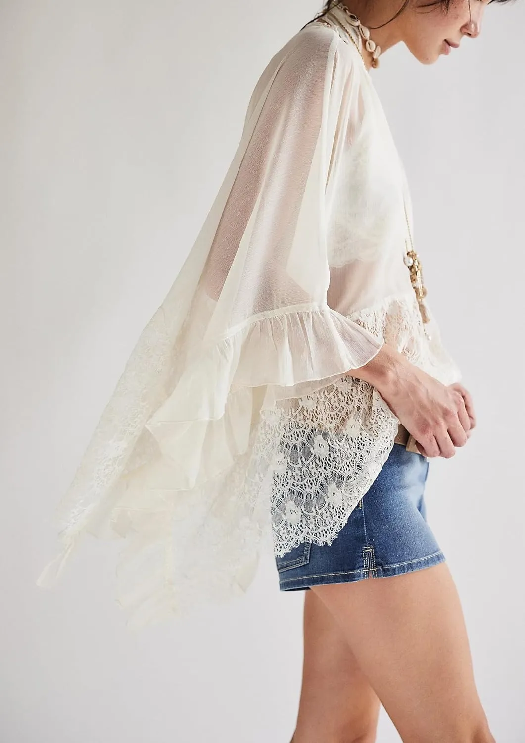 Women Low Cut Sweetheart-Neck Tie Front Top Balloon Long Sleeve Sheer Chiffon Blouse Flowy Boho Ruffle Babydoll Top