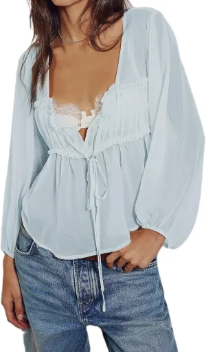 Women Low Cut Sweetheart-Neck Tie Front Top Balloon Long Sleeve Sheer Chiffon Blouse Flowy Boho Ruffle Babydoll Top