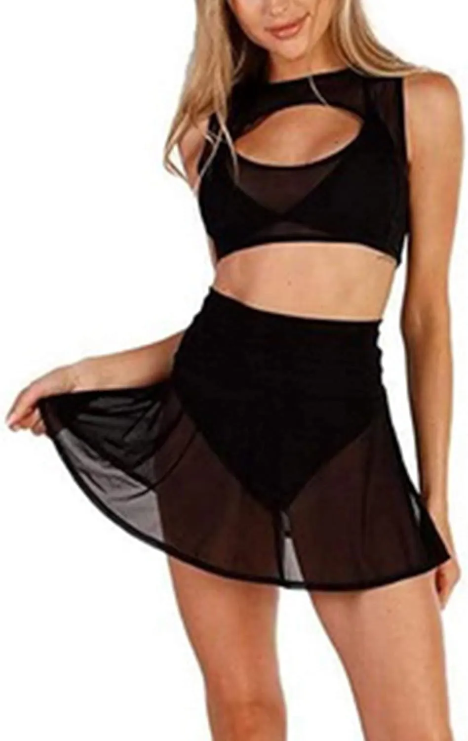 Women Mesh Swimsuit Cover Up Ruffle See-Thru Mini Skirts Sheer Short Skater Pleated Skirt Beach Bikini Coverups