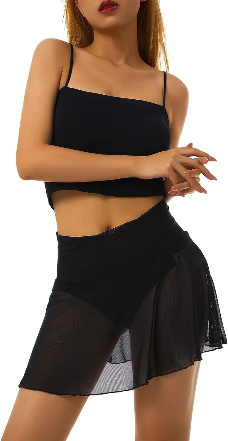 Women Mesh Swimsuit Cover Up Ruffle See-Thru Mini Skirts Sheer Short Skater Pleated Skirt Beach Bikini Coverups