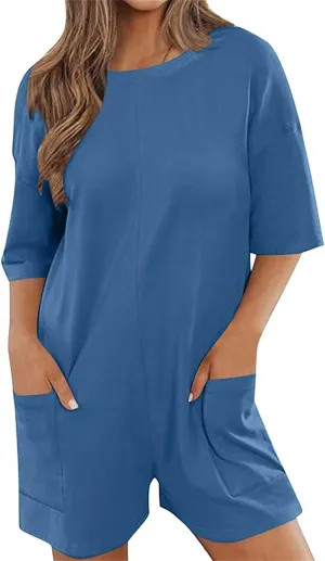 Women Oversized Romper Tee Shirt Summer Casual Short Sleeve Loose Backless V Neck Shorts Jumpsuit Overalls with Pockets