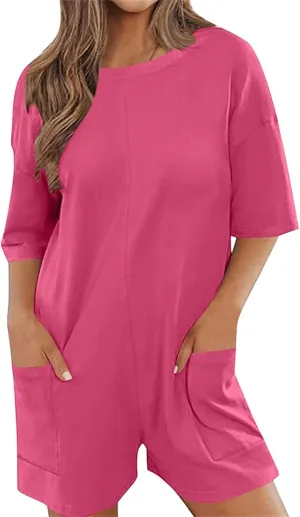 Women Oversized Romper Tee Shirt Summer Casual Short Sleeve Loose Backless V Neck Shorts Jumpsuit Overalls with Pockets