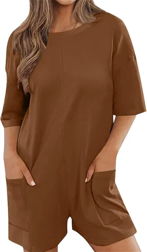 Women Oversized Romper Tee Shirt Summer Casual Short Sleeve Loose Backless V Neck Shorts Jumpsuit Overalls with Pockets