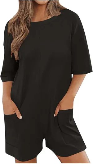 Women Oversized Romper Tee Shirt Summer Casual Short Sleeve Loose Backless V Neck Shorts Jumpsuit Overalls with Pockets