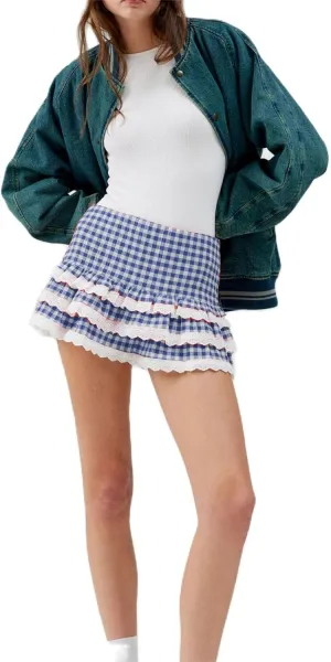 Women Ruffle Plaid Mini Skirt Cute Layered Ruffle Lace Trimmed Gingham Skirt Slim Fit Pleated Short Skirt Streetwear