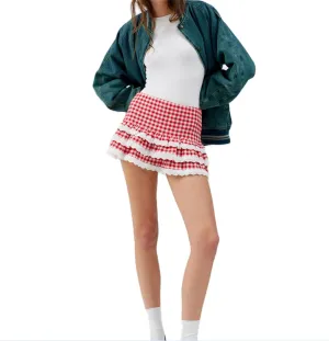 Women Ruffle Plaid Mini Skirt Cute Layered Ruffle Lace Trimmed Gingham Skirt Slim Fit Pleated Short Skirt Streetwear