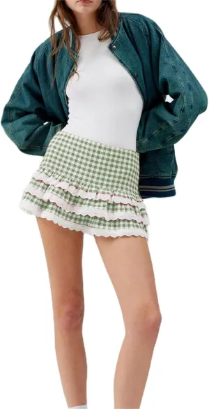 Women Ruffle Plaid Mini Skirt Cute Layered Ruffle Lace Trimmed Gingham Skirt Slim Fit Pleated Short Skirt Streetwear