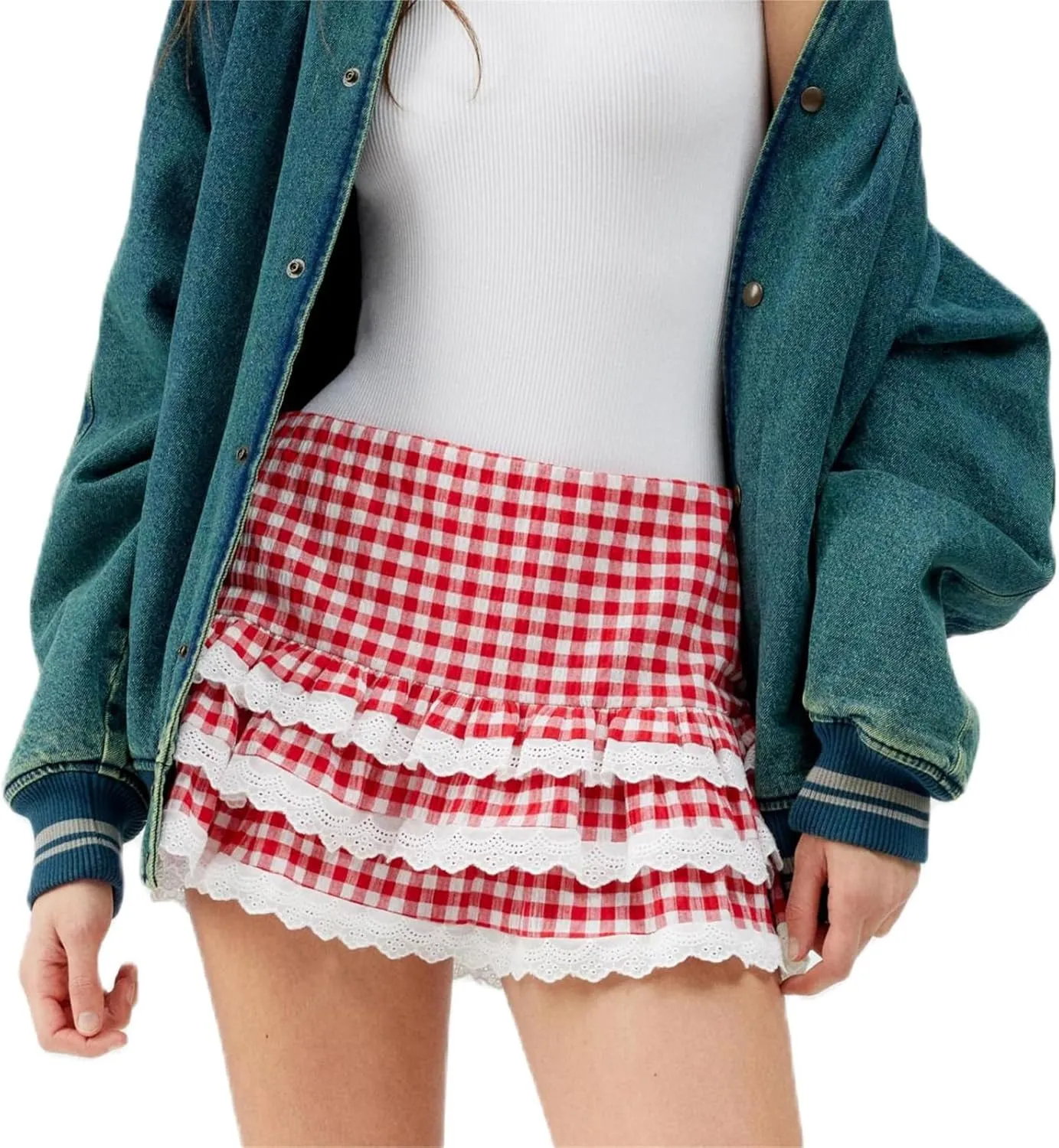 Women Ruffle Plaid Mini Skirt Cute Layered Ruffle Lace Trimmed Gingham Skirt Slim Fit Pleated Short Skirt Streetwear