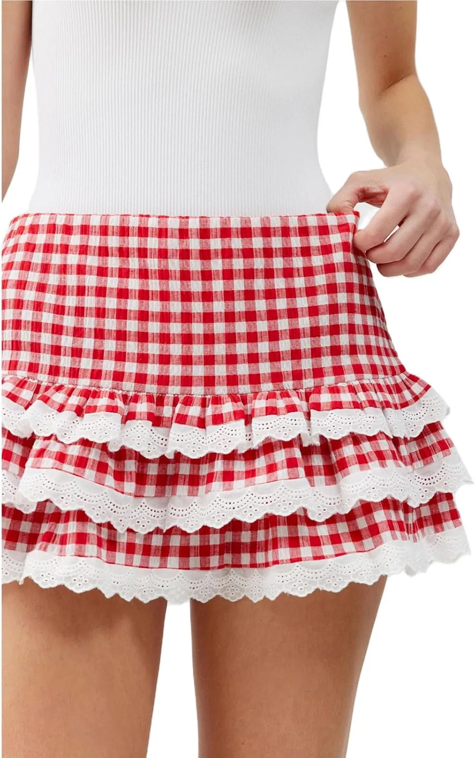 Women Ruffle Plaid Mini Skirt Cute Layered Ruffle Lace Trimmed Gingham Skirt Slim Fit Pleated Short Skirt Streetwear