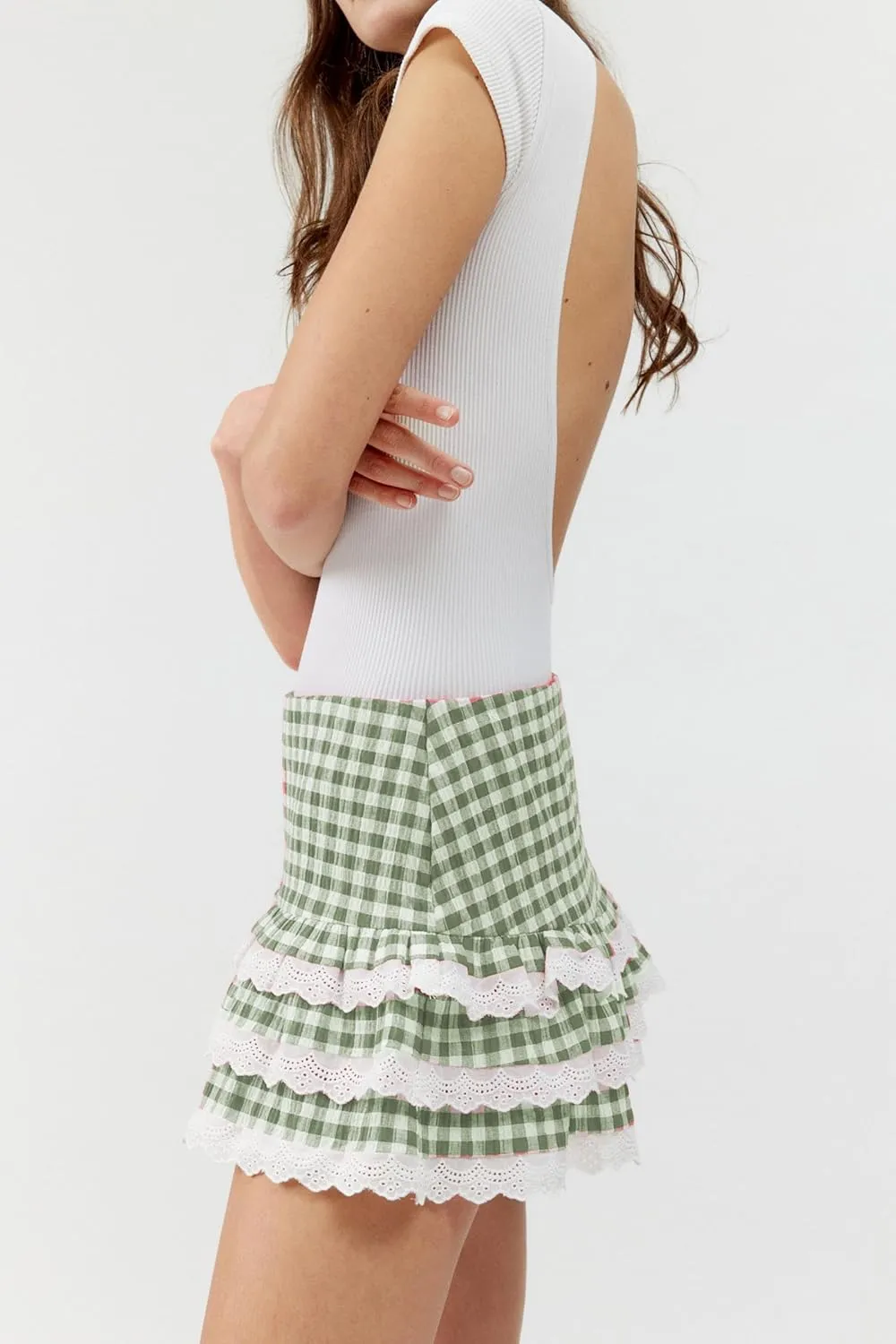 Women Ruffle Plaid Mini Skirt Cute Layered Ruffle Lace Trimmed Gingham Skirt Slim Fit Pleated Short Skirt Streetwear