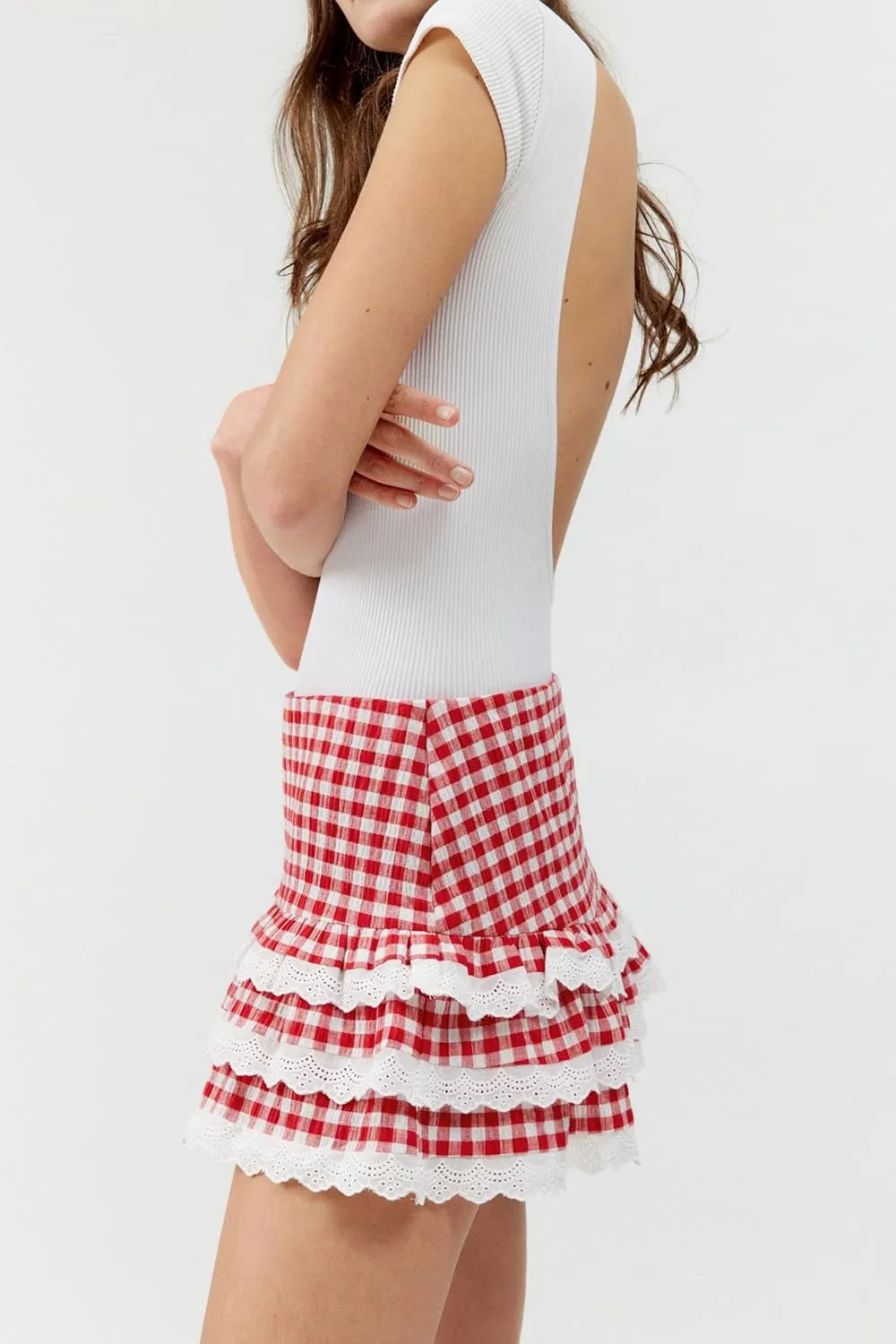 Women Ruffle Plaid Mini Skirt Cute Layered Ruffle Lace Trimmed Gingham Skirt Slim Fit Pleated Short Skirt Streetwear