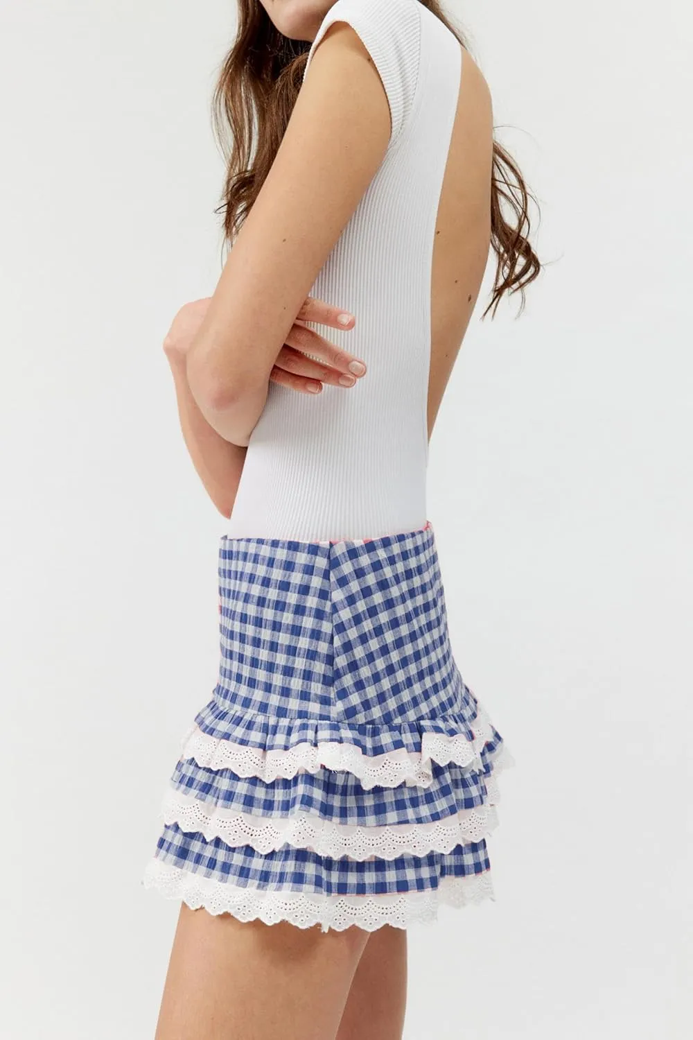 Women Ruffle Plaid Mini Skirt Cute Layered Ruffle Lace Trimmed Gingham Skirt Slim Fit Pleated Short Skirt Streetwear