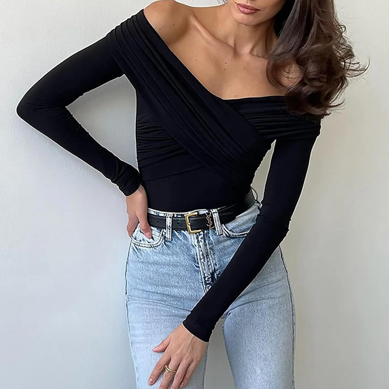 Women Sexy Dressy Bodysuit Summer Tummy Control Jumpsuit with V Neck Off Shoulder Slim Fit Long Sleeves Rompers