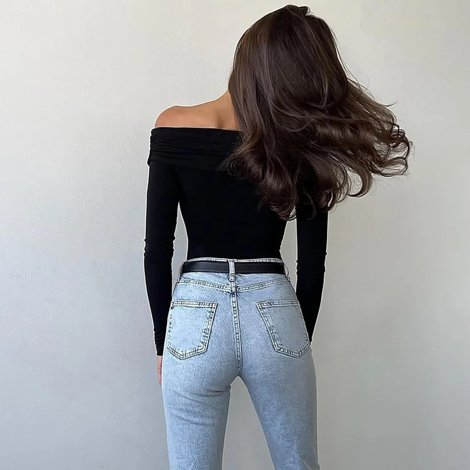 Women Sexy Dressy Bodysuit Summer Tummy Control Jumpsuit with V Neck Off Shoulder Slim Fit Long Sleeves Rompers